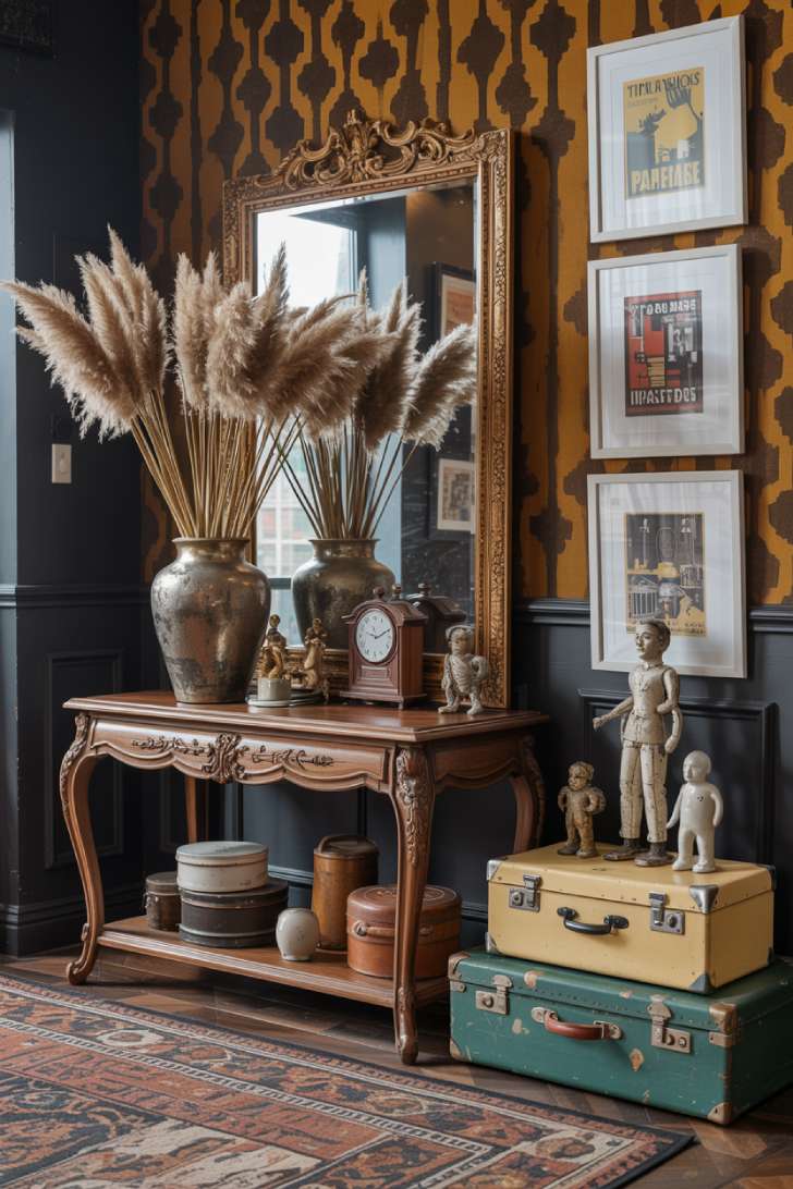 10 Vibrant Maximalist Studio Apartment Ideas for Bold Living 5 A maximalist studio apartment entryway with antique console table, pampas grass arrangement, geometric wallpaper, and an ornate gilded mirror