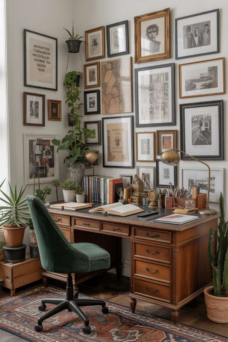 10 Vibrant Maximalist Studio Apartment Ideas for Bold Living 6 A maximalist studio apartment workspace with antique wooden desk, eclectic gallery wall, forest green velvet chair, and a collection of plants and vintage accessories