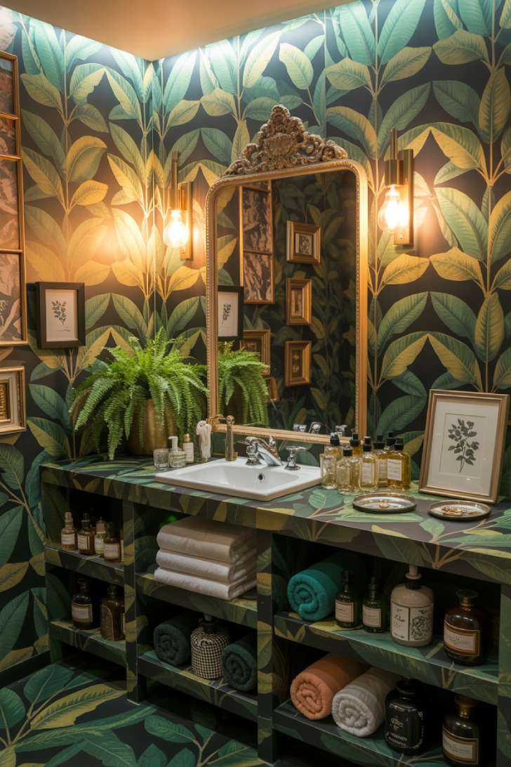10 Vibrant Maximalist Studio Apartment Ideas for Bold Living 7 A maximalist studio apartment bathroom with tropical leaf wallpaper, gilded mirror, vintage perfume bottles, open shelving with apothecary jars, and Edison bulb sconces