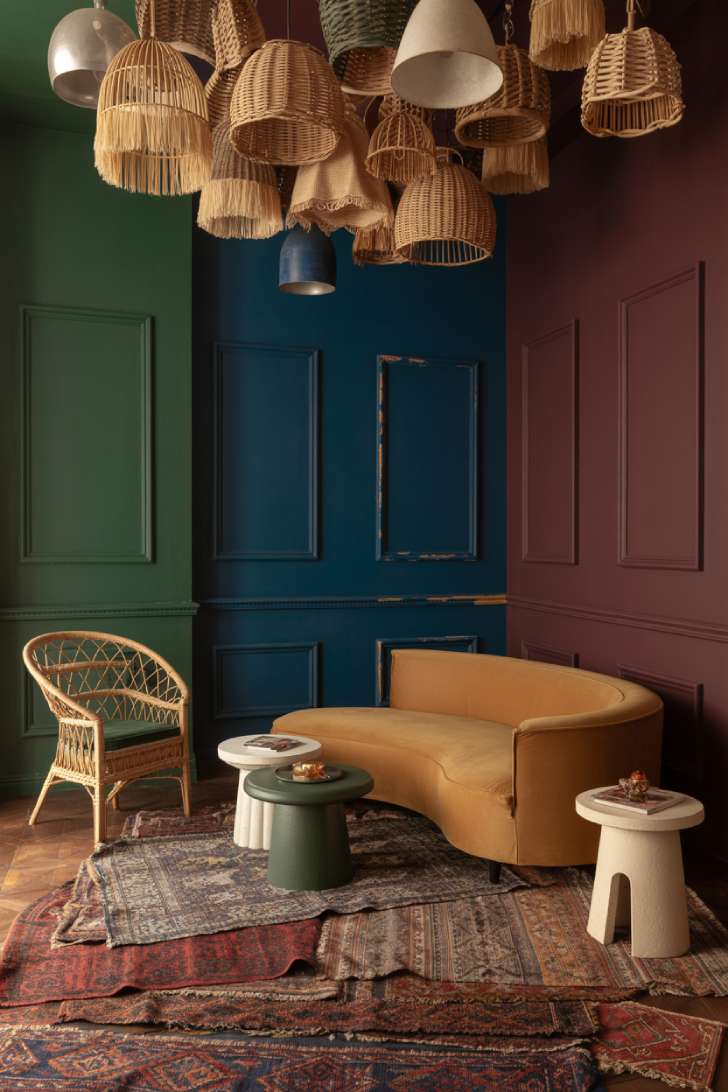 10 Vibrant Maximalist Studio Apartment Ideas for Bold Living 8 A maximalist studio apartment with each wall painted a different jewel tone, layered rugs, curved velvet sofa, rattan peacock chair, and hanging rattan pendants
