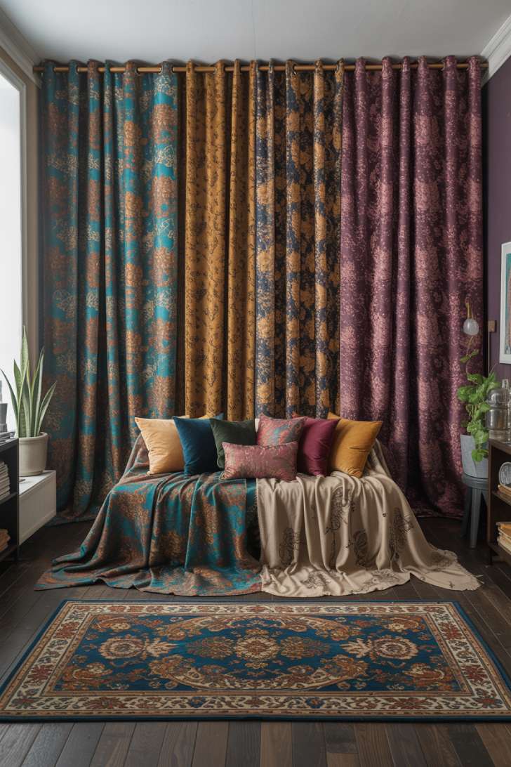 10 Vibrant Maximalist Studio Apartment Ideas for Bold Living 9 A maximalist studio apartment with floor-to-ceiling patterned curtain panels in teal, gold, and plum dividing the open-plan space into distinct styled zones