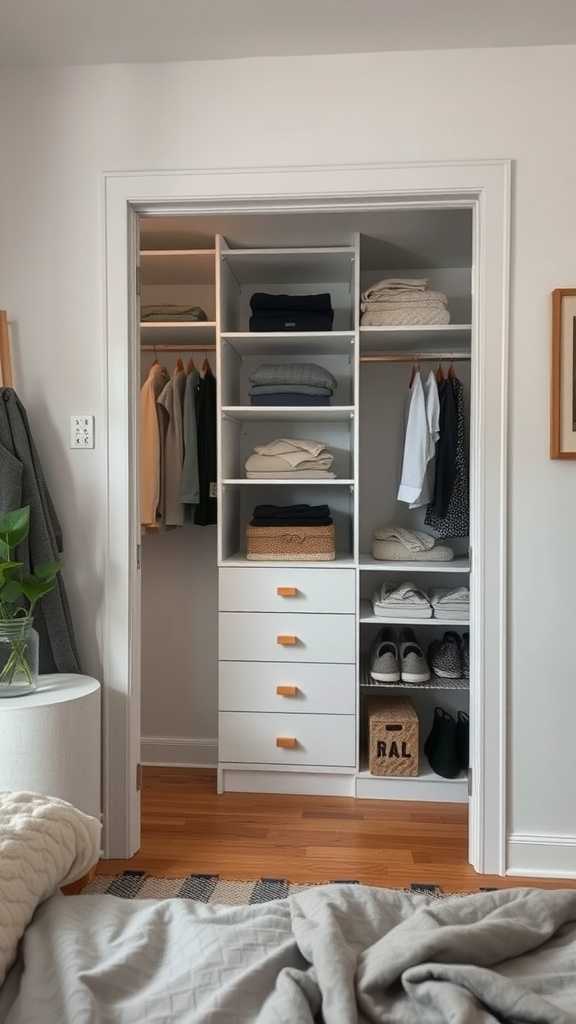 A well-organized closet in a small bedroom with shelves, clothes, and storage boxes.