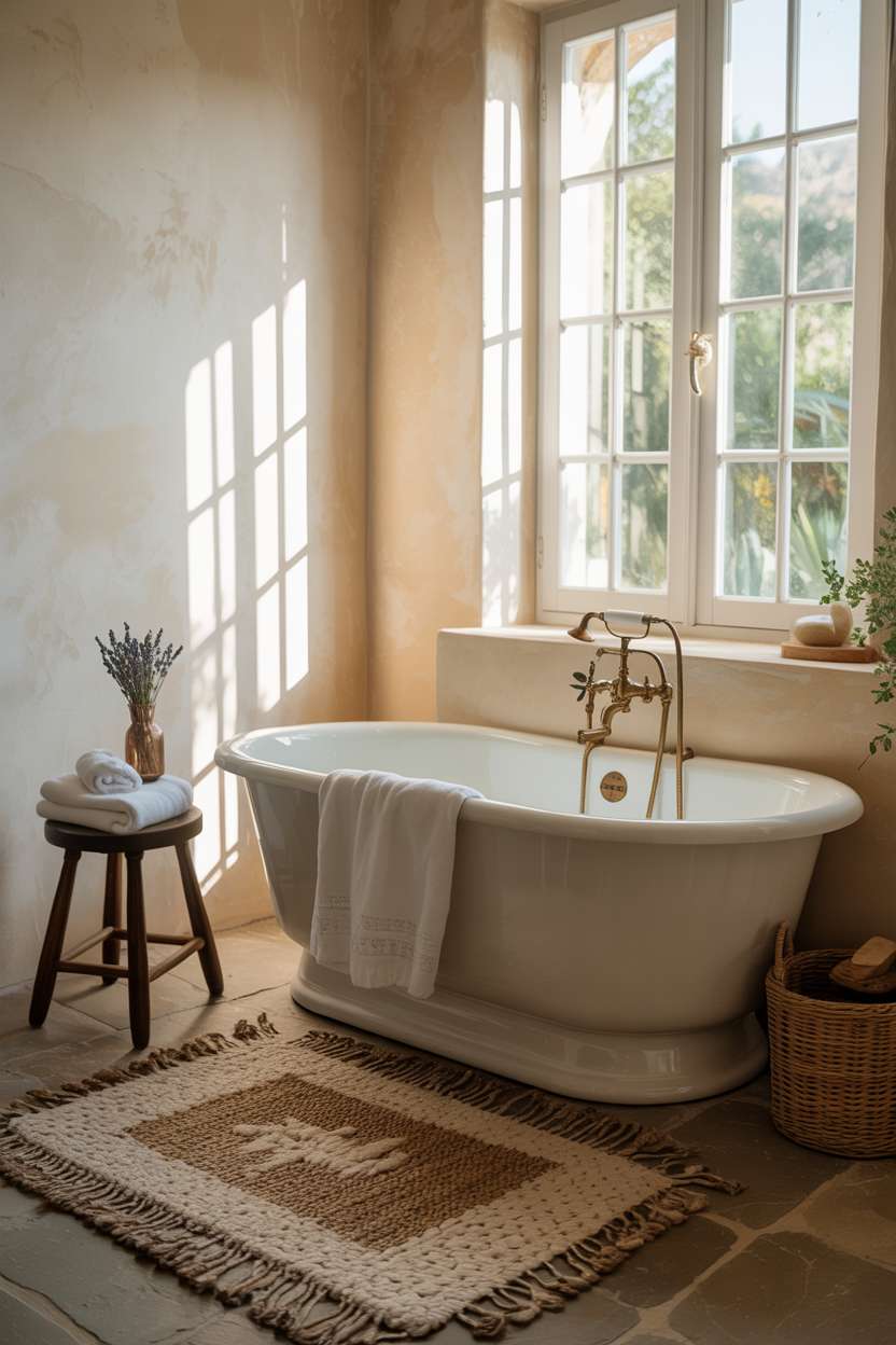 Bright Mediterranean bathroom with white porcelain freestanding tub, brass fixtures, and garden view through large window