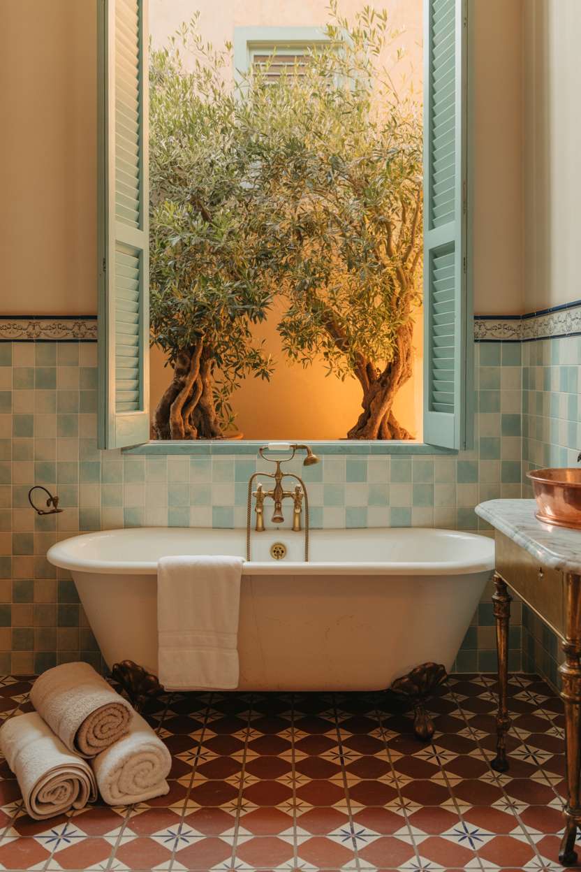 Mediterranean bathroom featuring clawfoot bathtub on patterned terracotta tiles with blue and white ceramic wall tiles