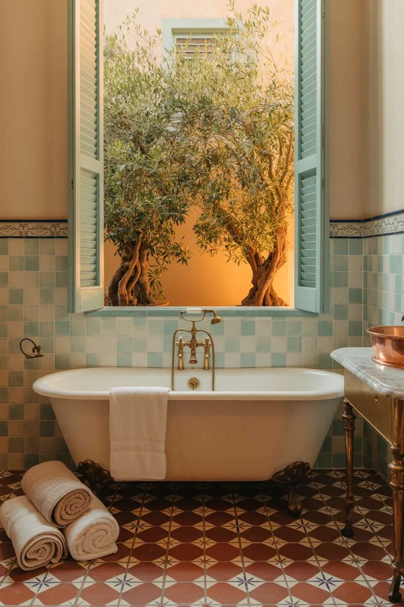 37 Gorgeous Mediterranean Bathroom Design Ideas to Try 2 Mediterranean bathroom featuring clawfoot bathtub on patterned terracotta tiles with blue and white ceramic wall tiles