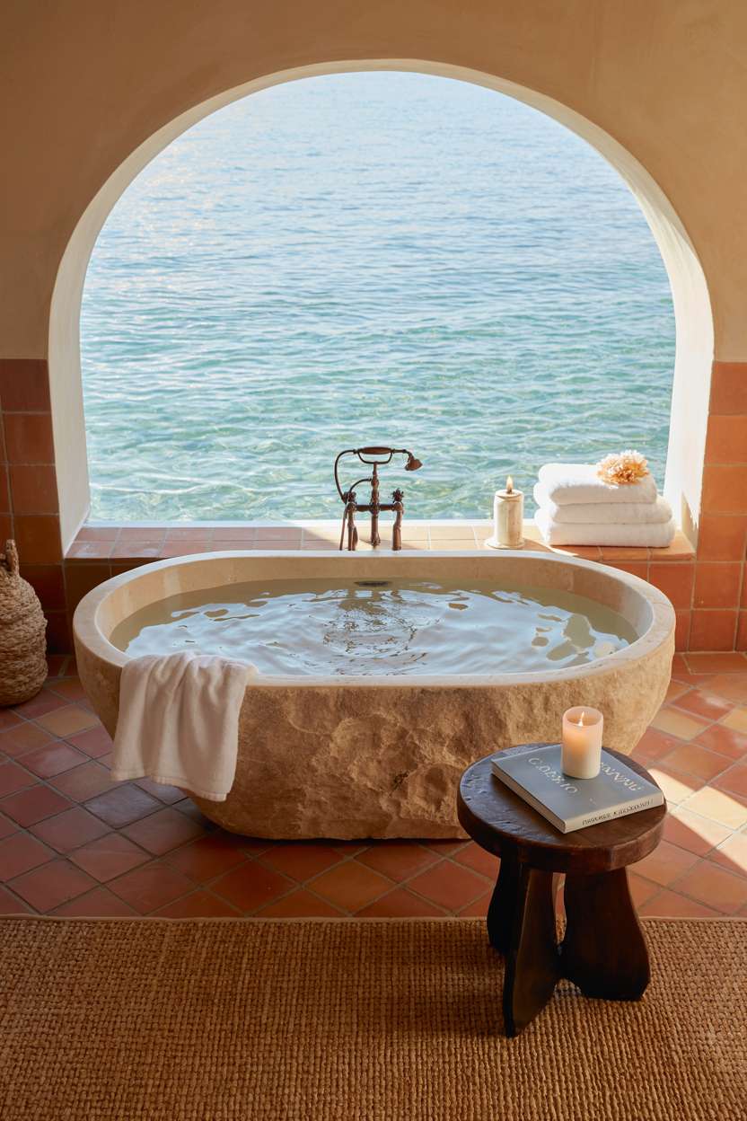 Luxurious Mediterranean bathroom with stone freestanding bathtub overlooking turquoise sea through arched window