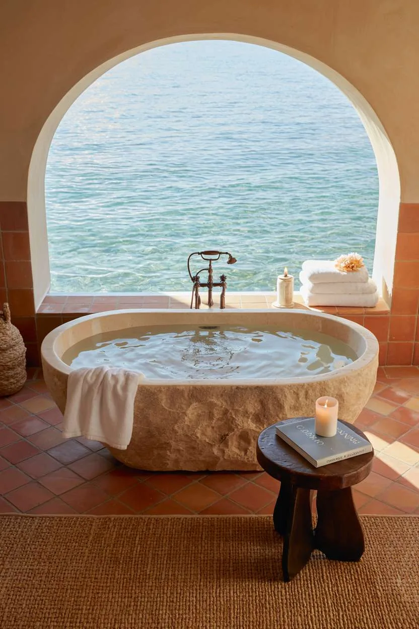 37 Gorgeous Mediterranean Bathroom Design Ideas to Try 3 Luxurious Mediterranean bathroom with stone freestanding bathtub overlooking turquoise sea through arched window