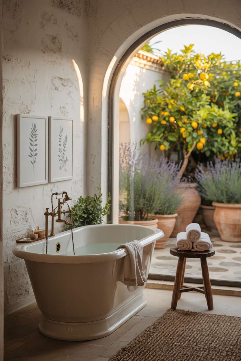 Tranquil Mediterranean bathroom with white porcelain soaking tub and arched window overlooking courtyard with lavender and lemon trees