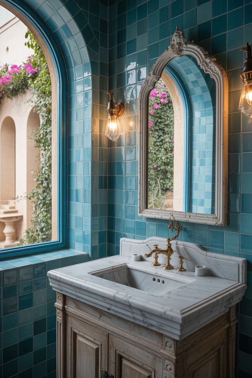 Mediterranean bathroom featuring ornate white Carrara marble sink with grey veining on weathered wooden vanity