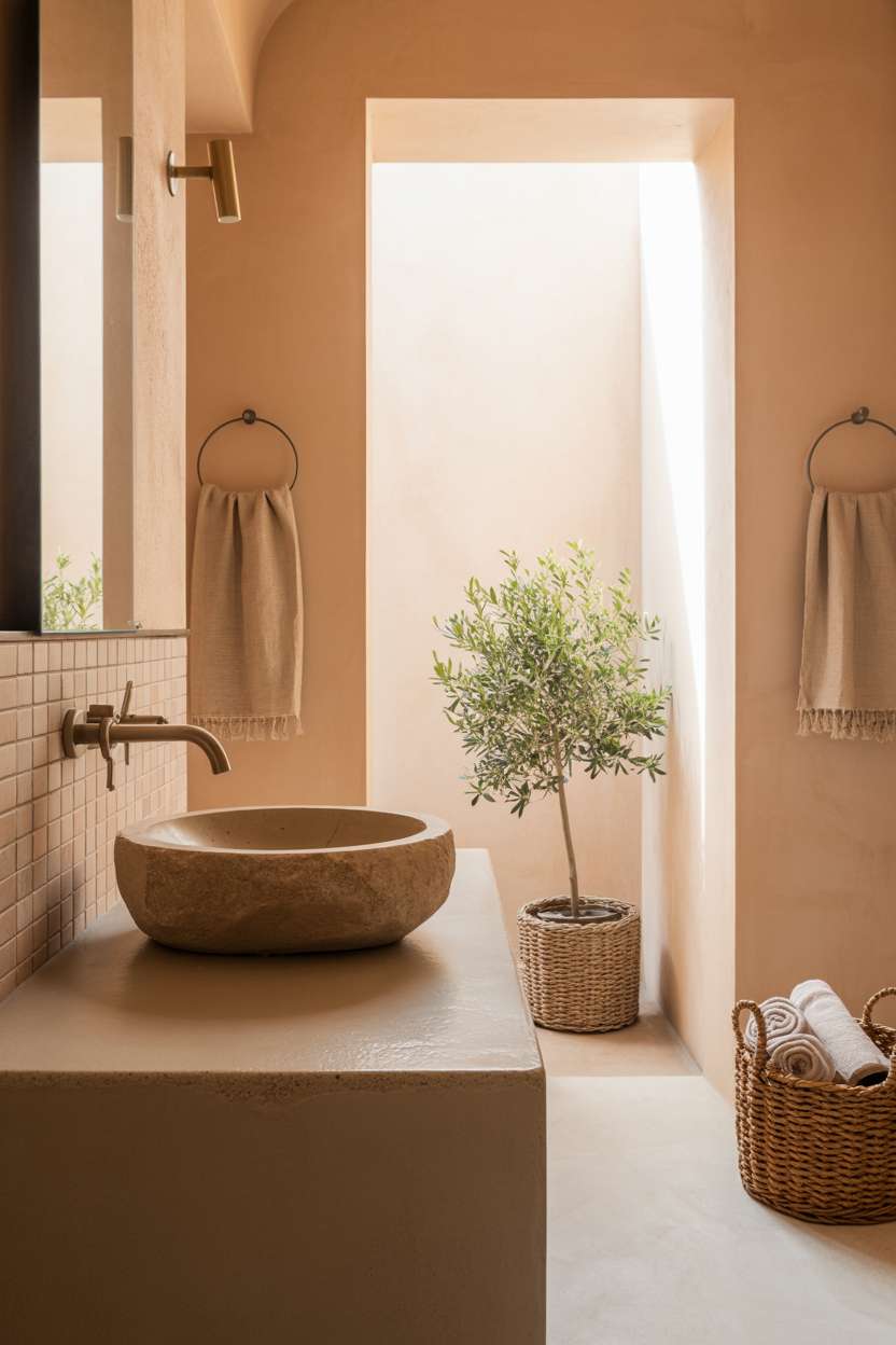Modern Mediterranean bathroom with minimalist stone sink, concrete countertop, and terracotta wall tiles