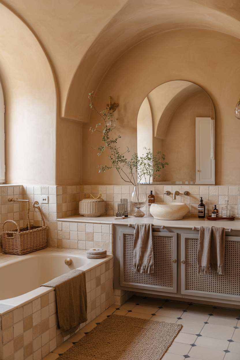 Luxurious Mediterranean bathroom with curved archways, vaulted beige ceilings, and geometric patterned tile floor