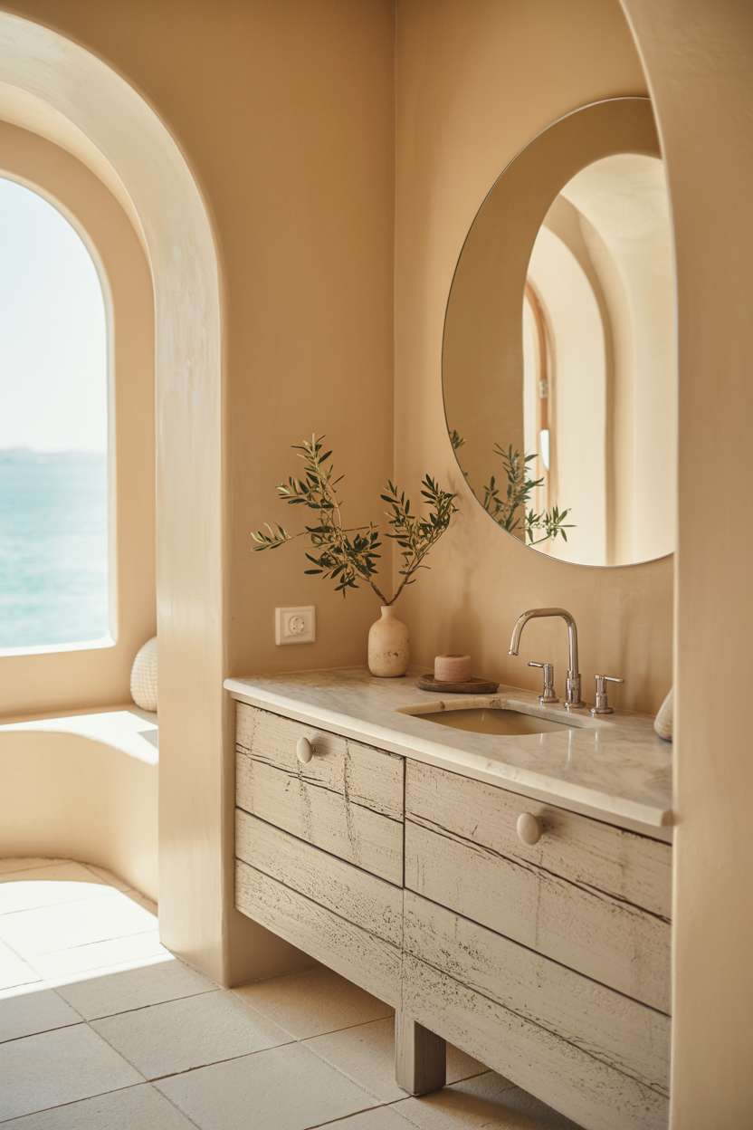 Modern Mediterranean bathroom with reclaimed wood floating vanity, marble countertop, and sea view through window