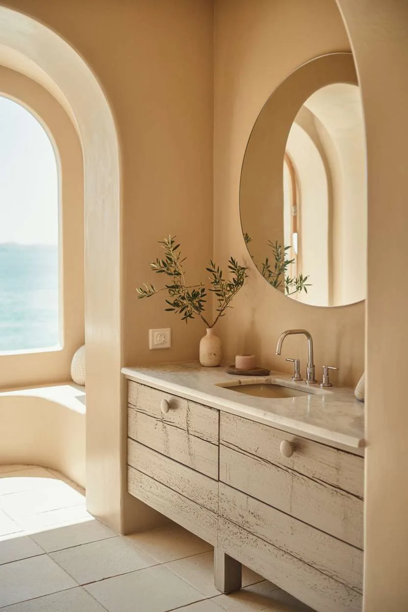37 Gorgeous Mediterranean Bathroom Design Ideas to Try 8 Modern Mediterranean bathroom with reclaimed wood floating vanity, marble countertop, and sea view through window