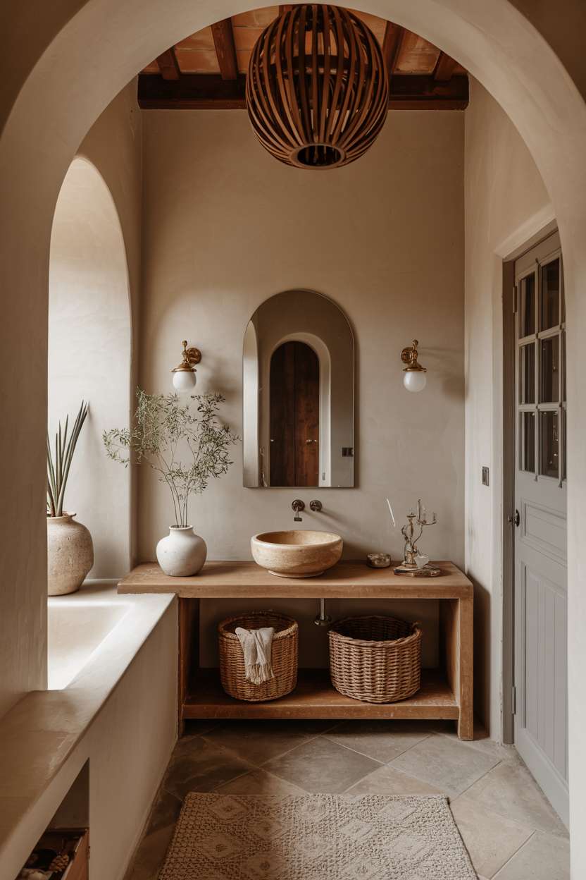 Mediterranean bathroom with exposed wooden ceiling beams, rattan pendant light, and vessel sink with round mirror