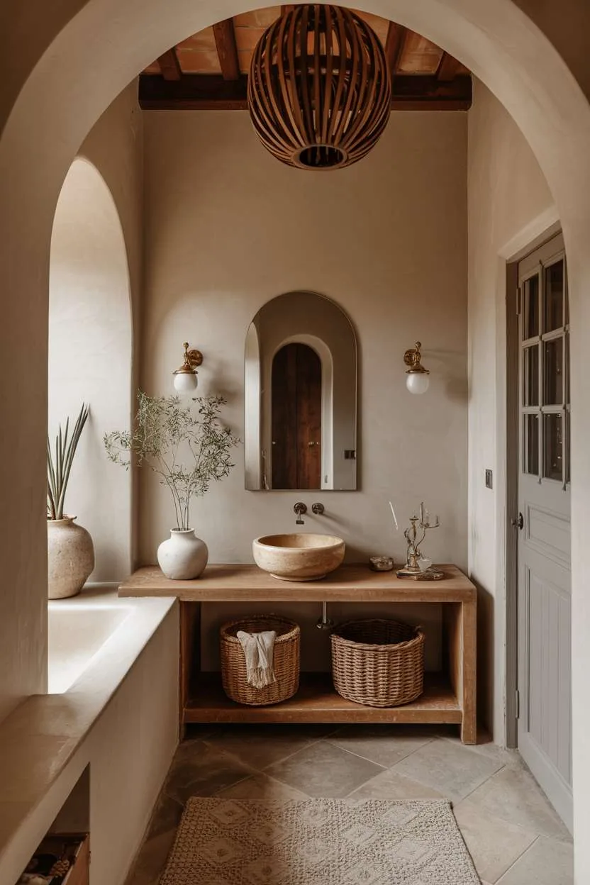 37 Gorgeous Mediterranean Bathroom Design Ideas to Try 9 Mediterranean bathroom with exposed wooden ceiling beams, rattan pendant light, and vessel sink with round mirror