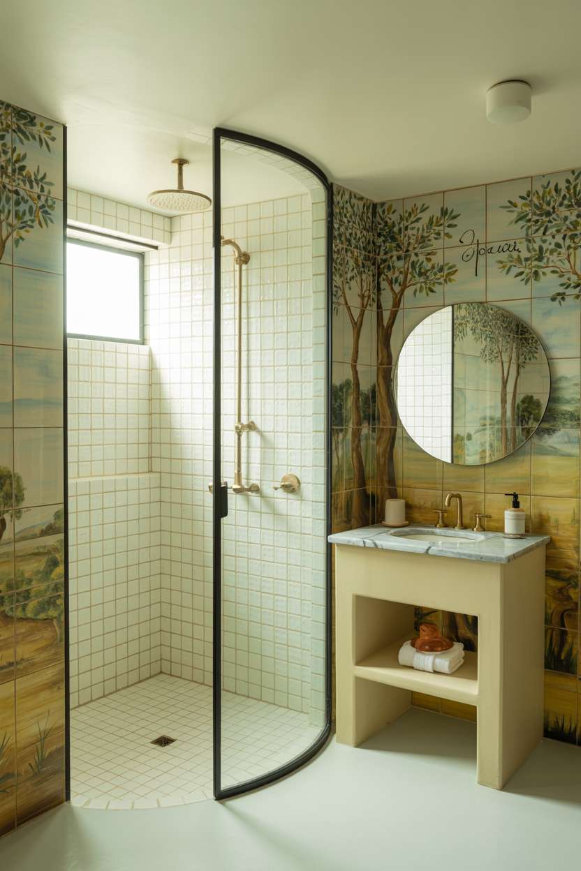 Serene Mediterranean bathroom with circular frameless shower, rainfall head, and hand-painted olive grove ceramic tiles
