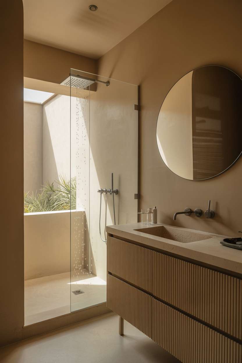 Luxurious Mediterranean bathroom with light wood vanity, stone countertop, and frameless glass shower partition