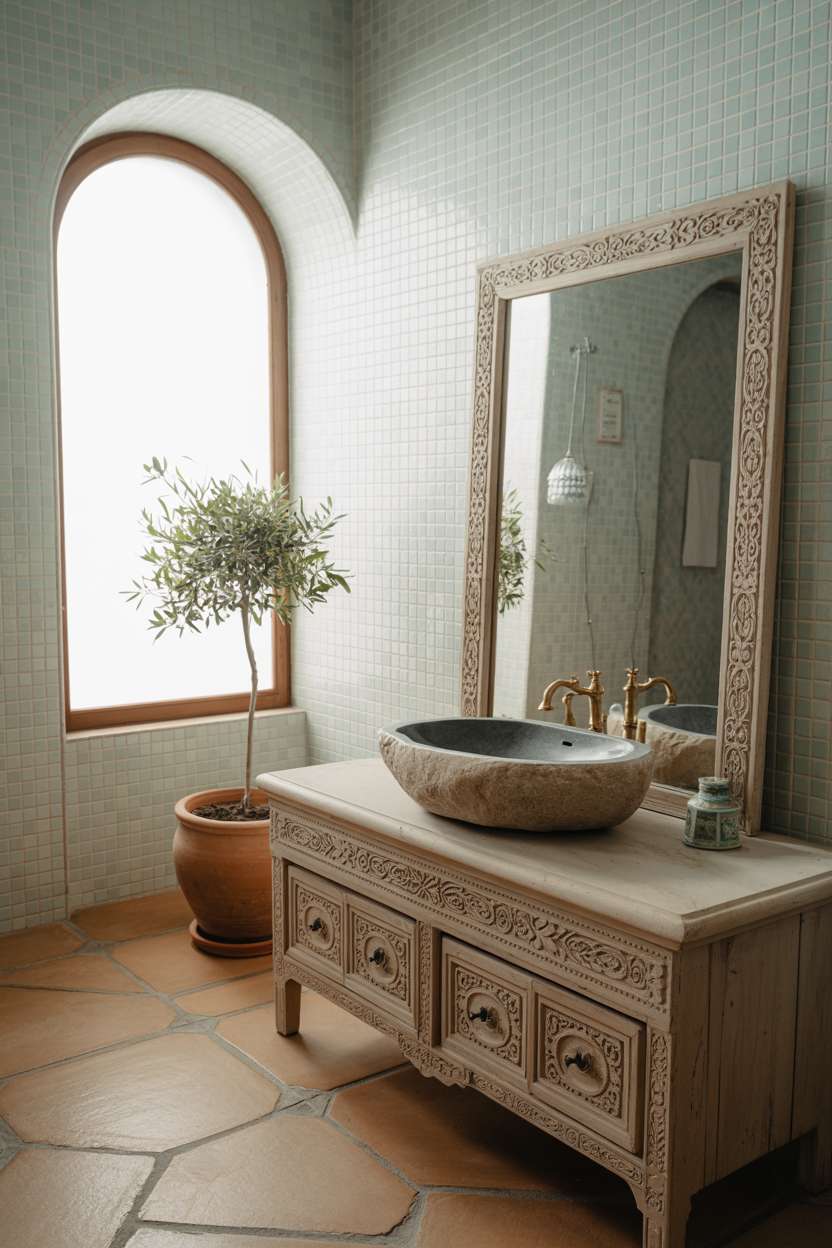 Mediterranean bathroom featuring large circular grey stone sink on carved wooden vanity with blue mosaic tile walls