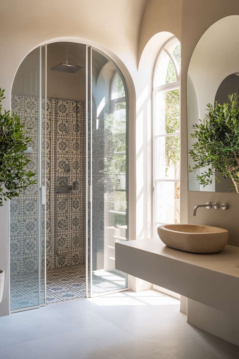 Pristine Mediterranean bathroom with walk-in shower, blue and white mosaic tiles, and floating vanity with ceramic sink