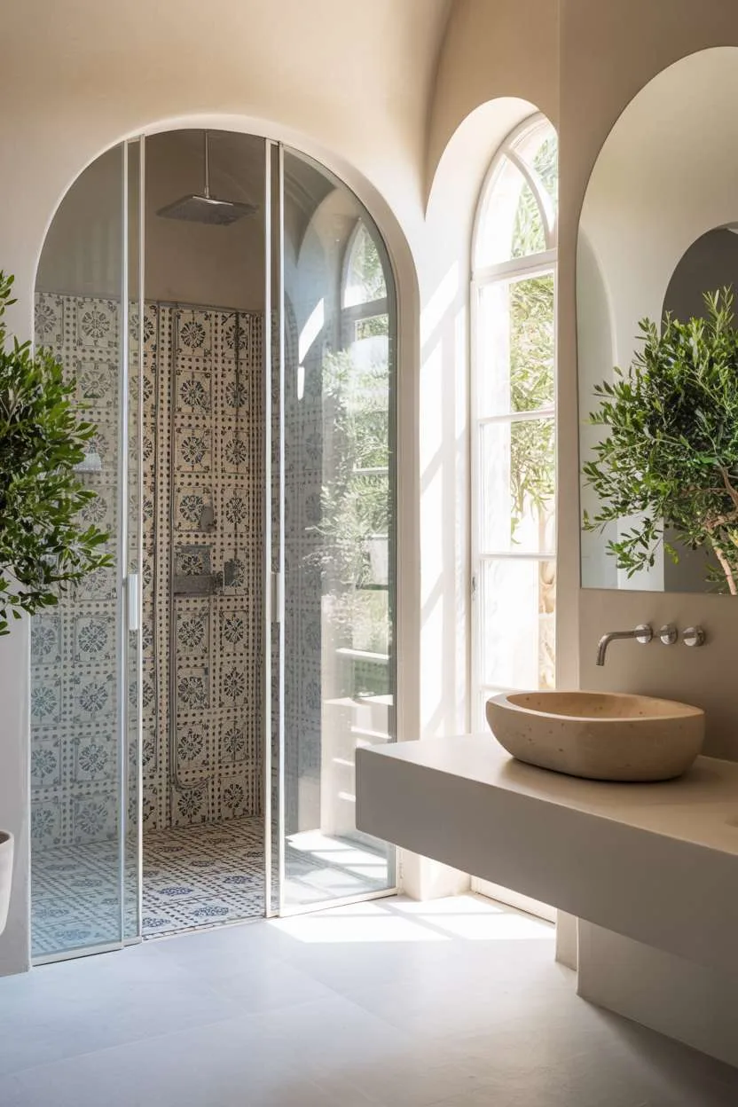 37 Gorgeous Mediterranean Bathroom Design Ideas to Try 13 Pristine Mediterranean bathroom with walk-in shower, blue and white mosaic tiles, and floating vanity with ceramic sink