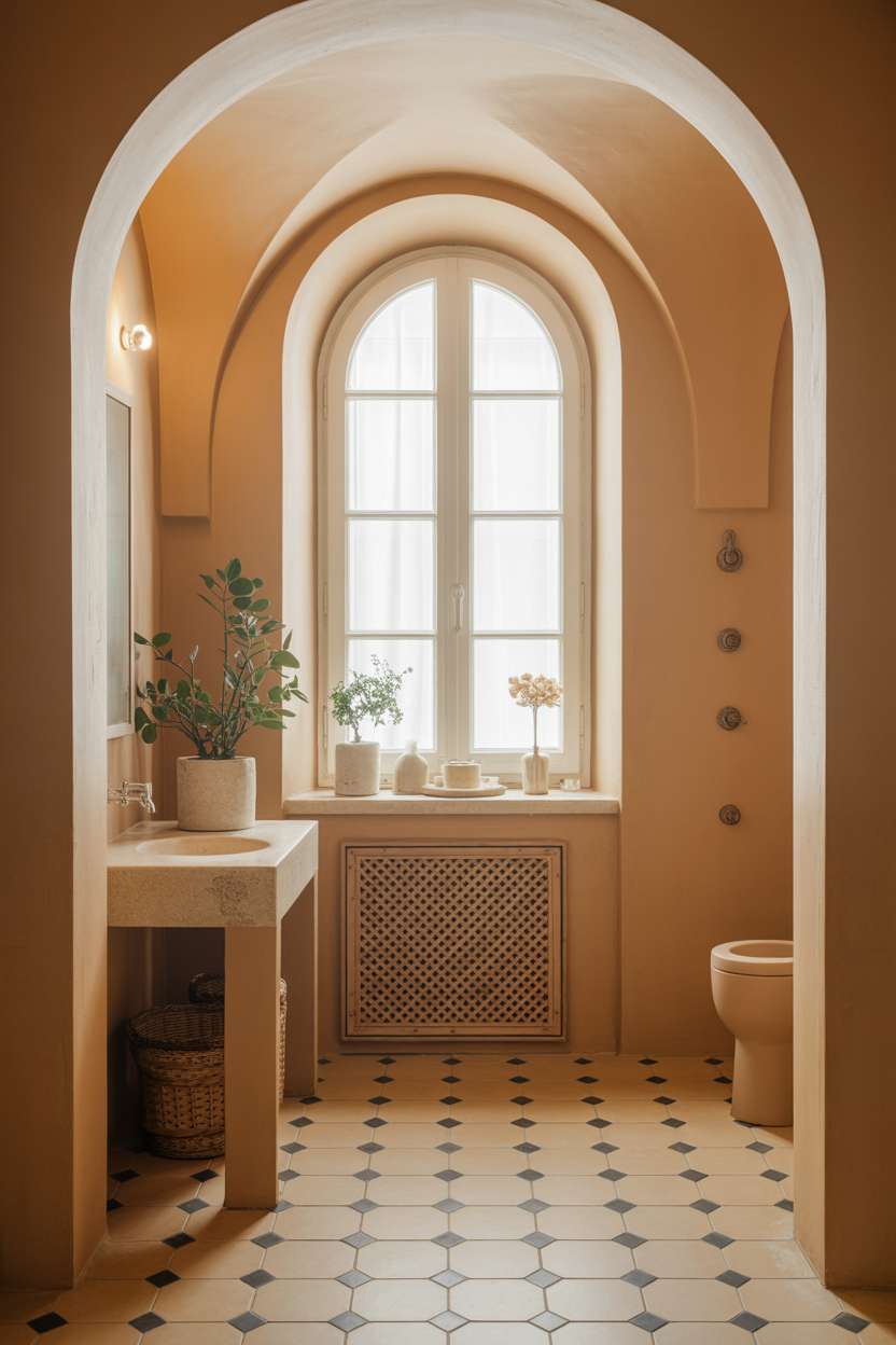 Luxurious powder room with arched window, black and white hexagonal tile floor, and modern concrete sink