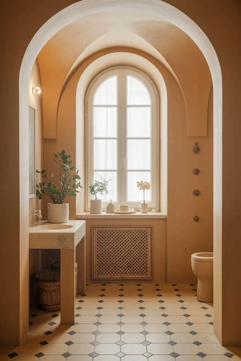 37 Gorgeous Mediterranean Bathroom Design Ideas to Try 14 Luxurious powder room with arched window, black and white hexagonal tile floor, and modern concrete sink