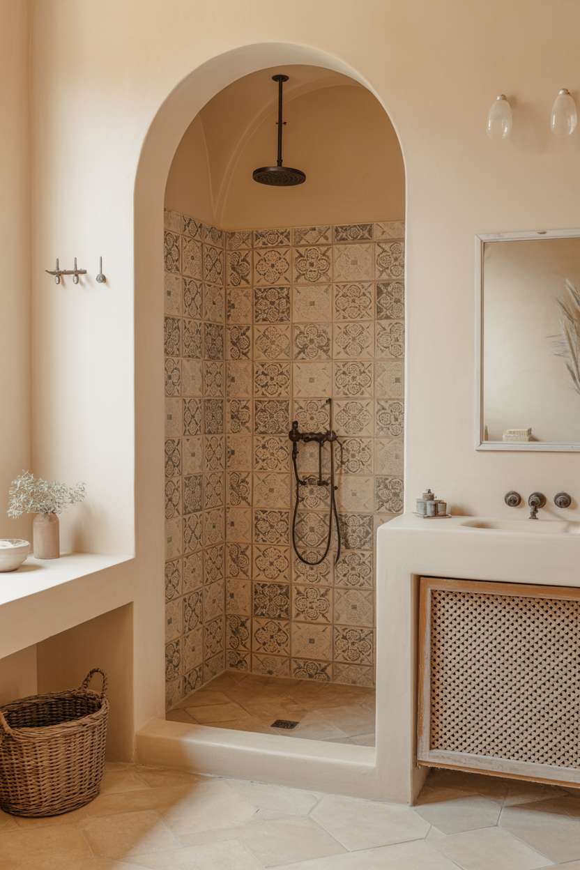 Mediterranean bathroom with decorative patterned shower tiles in beige and brown, black rainfall head, and built-in storage
