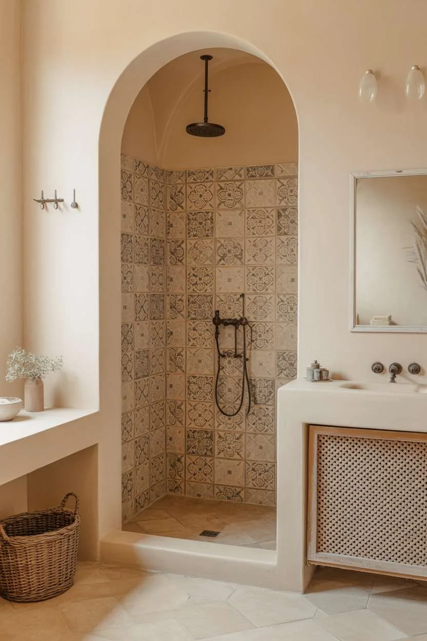 37 Gorgeous Mediterranean Bathroom Design Ideas to Try 15 Mediterranean bathroom with decorative patterned shower tiles in beige and brown, black rainfall head, and built-in storage