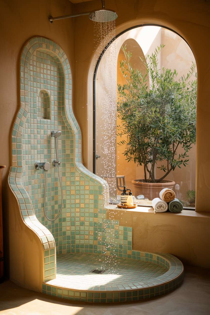 Sun-drenched Mediterranean bathroom with curved glass shower enclosure and turquoise, cream, and terracotta mosaic tiles