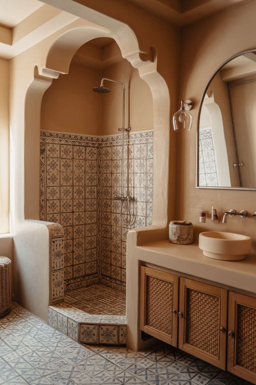Moroccan-style bathroom with patterned tile shower, wooden vanity with lattice doors, and circular vessel sink
