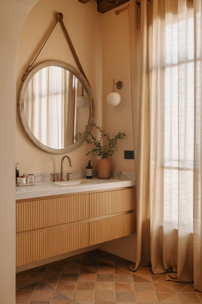 Stylish Mediterranean bathroom with light wood floating vanity, white marble countertop, and rustic wooden mirror frame