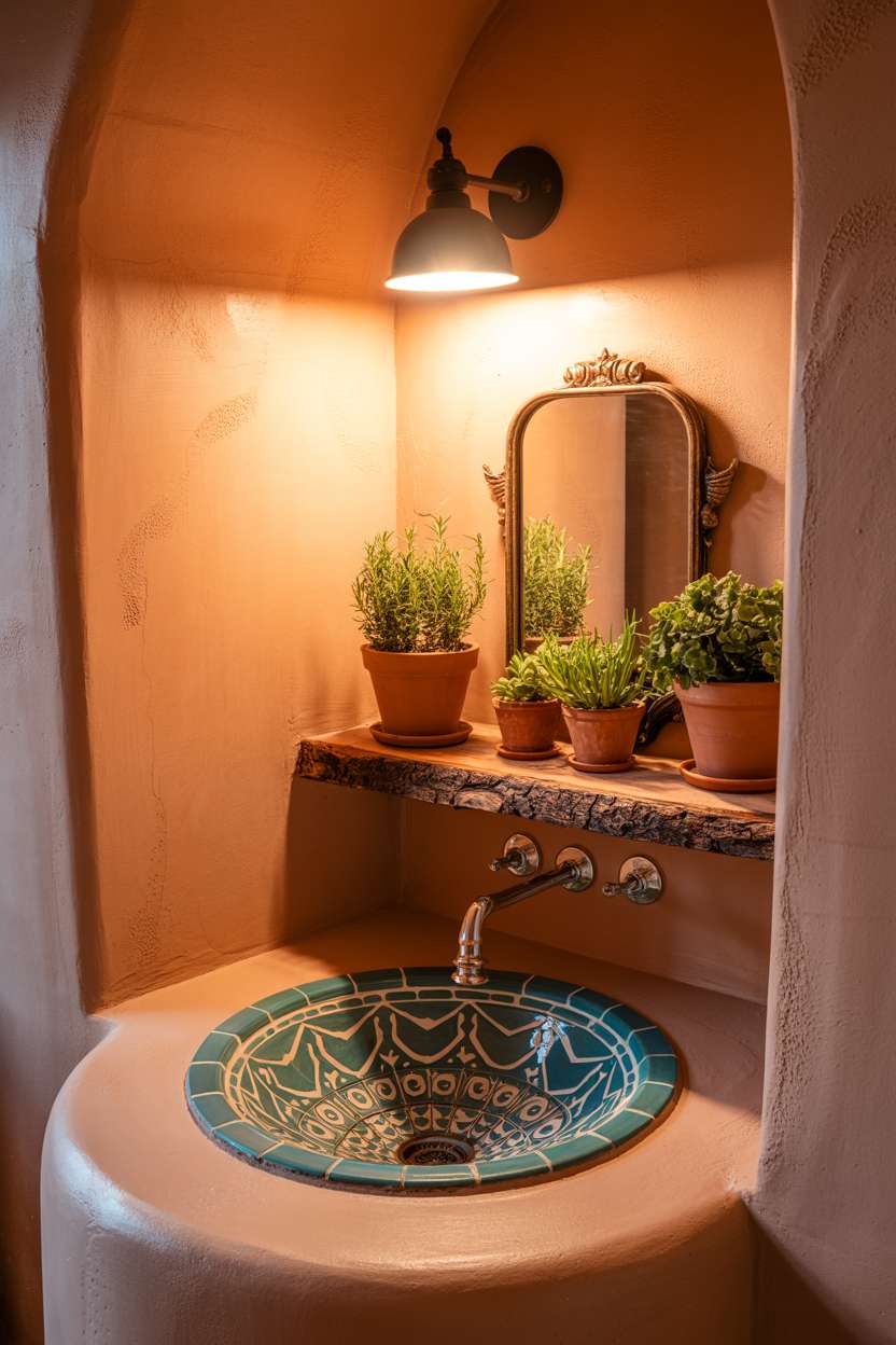Cozy Mediterranean half bathroom with circular turquoise patterned tile sink and terracotta stucco walls