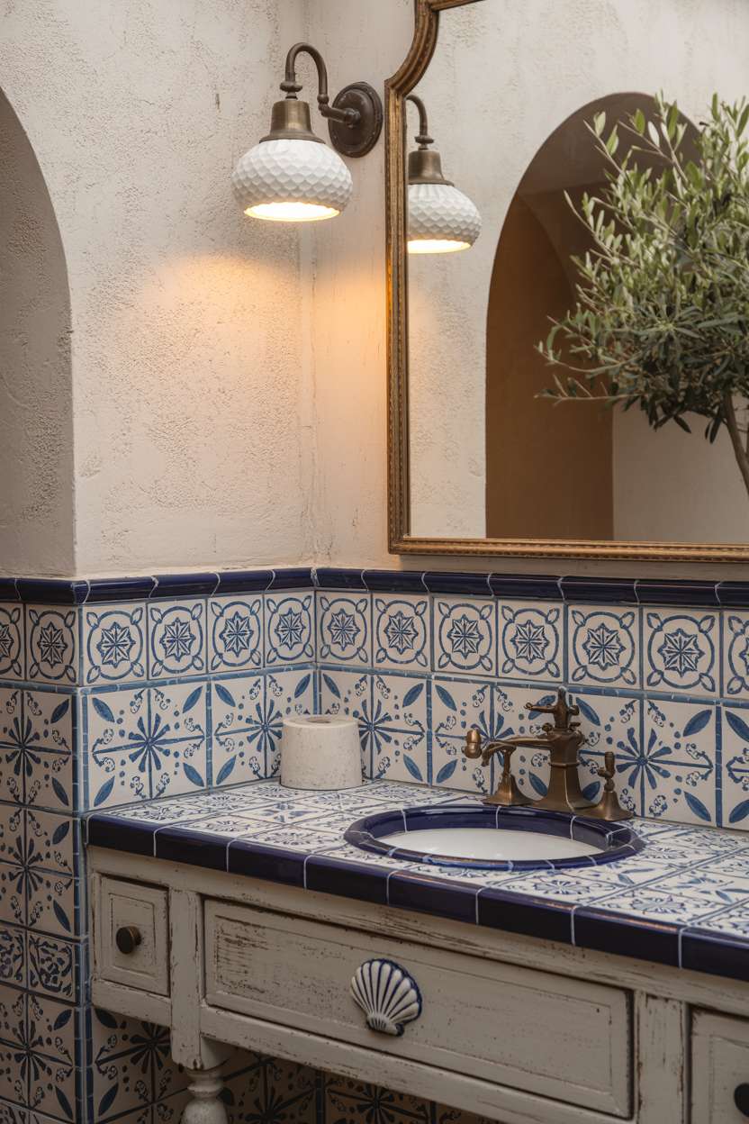Mediterranean half bathroom with blue and white ceramic patterned wall tiles and rustic wooden vanity