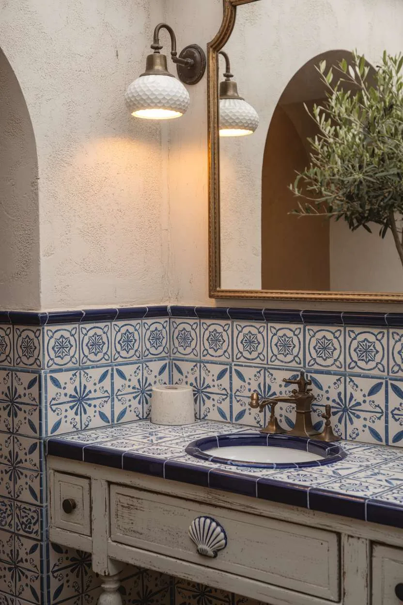 37 Gorgeous Mediterranean Bathroom Design Ideas to Try 20 Mediterranean half bathroom with blue and white ceramic patterned wall tiles and rustic wooden vanity