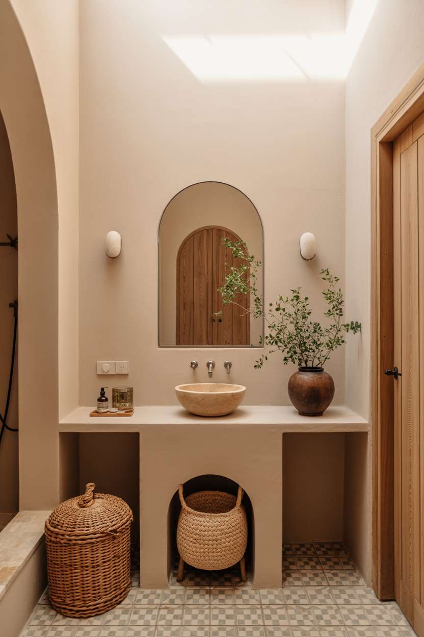 Minimalist Mediterranean bathroom with skylight, beige stone vessel sink, and built-in storage baskets