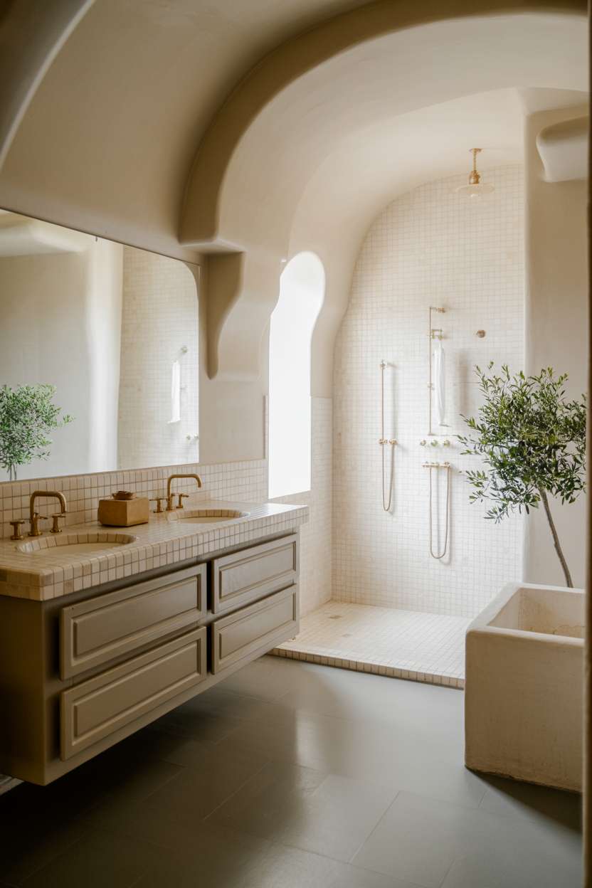 Luxurious Mediterranean bathroom with light wood double vanity, marble countertop, and frameless glass shower