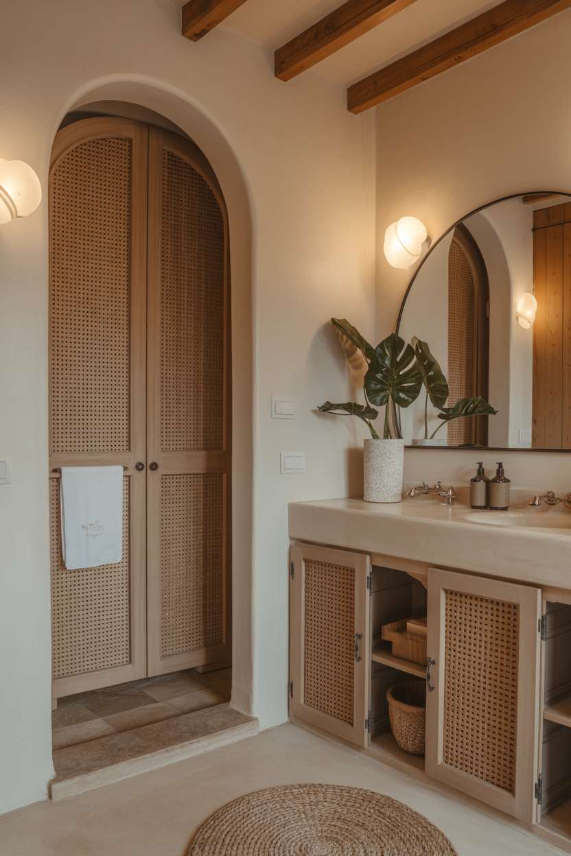 Modern Mediterranean bathroom with rattan cane cabinet doors, circular mirror, and exposed wooden ceiling beams
