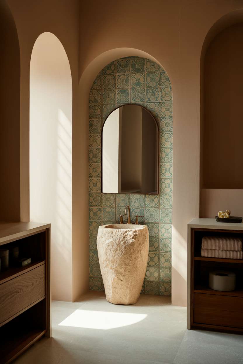 Luxurious bathroom with natural stone pedestal sink in arched alcove with mint green and white geometric tiles
