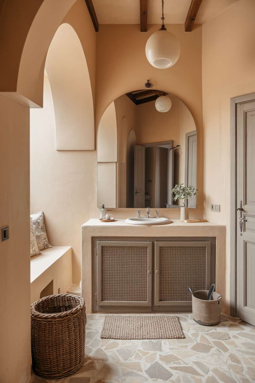 Mediterranean bathroom with built-in seating alcove, exposed wooden beams, and cane-panel vanity cabinet