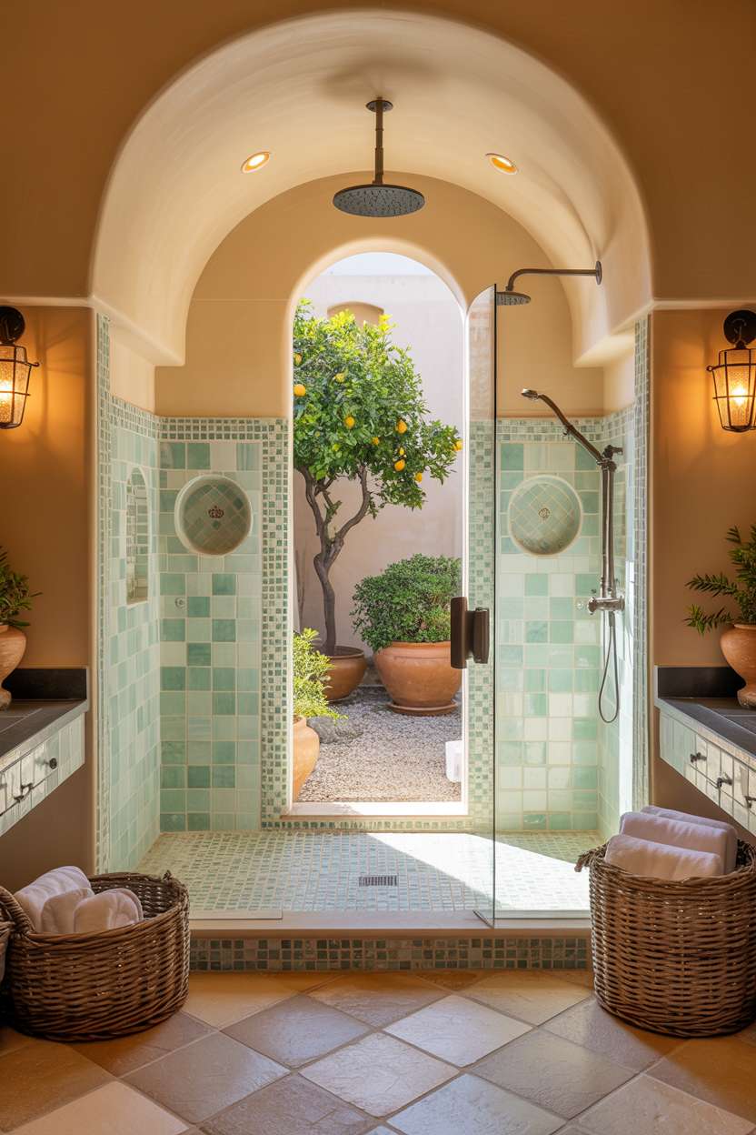 Principal bathroom with walk-in shower, seafoam green and sandy beige mosaic tiles, and textured plaster walls