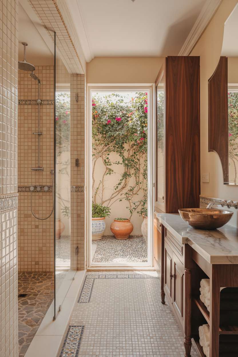 Classic Mediterranean bathroom with floor-to-ceiling glass shower doors, pebble stone floor, and copper vessel sink