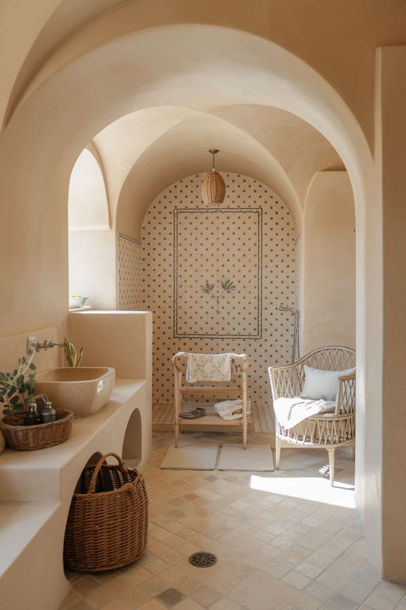 Mediterranean bathroom with black and white geometric wall tiles, rattan pendant light, and circular vessel sink