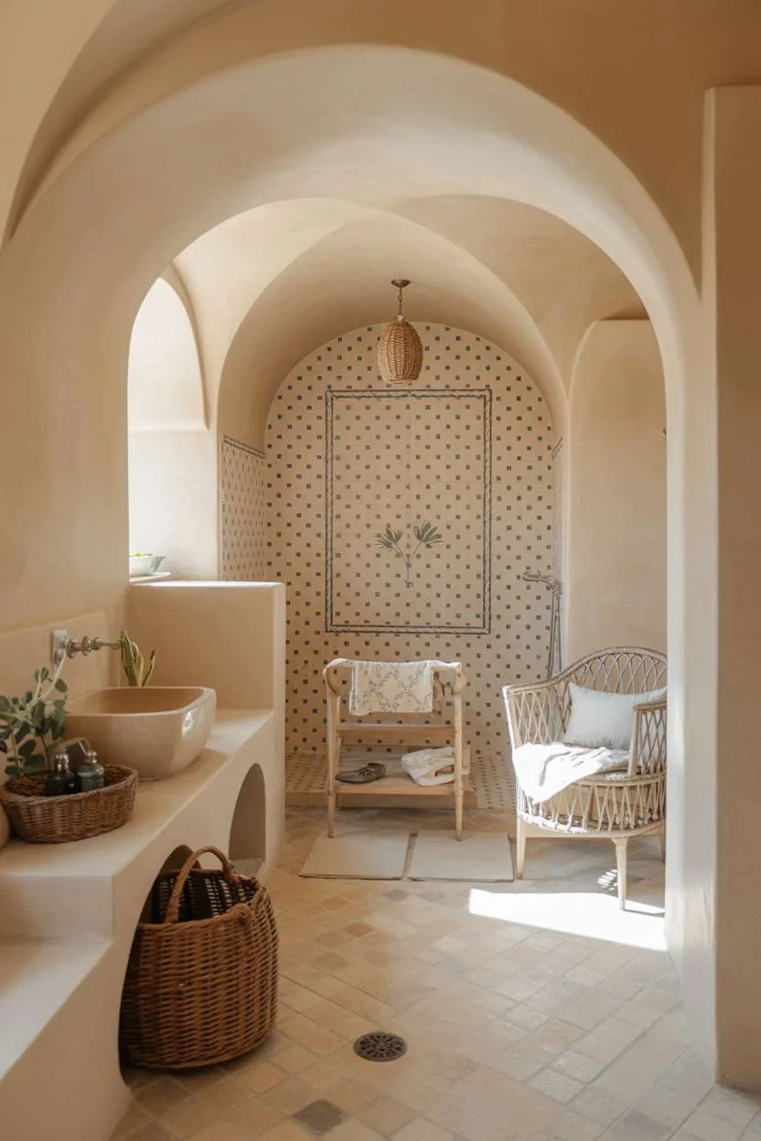 37 Gorgeous Mediterranean Bathroom Design Ideas to Try 28 Mediterranean bathroom with black and white geometric wall tiles, rattan pendant light, and circular vessel sink