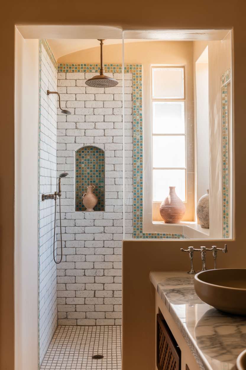 Mediterranean bathroom with light grey textured stone shower, turquoise and ochre mosaic border, and bronze fixtures