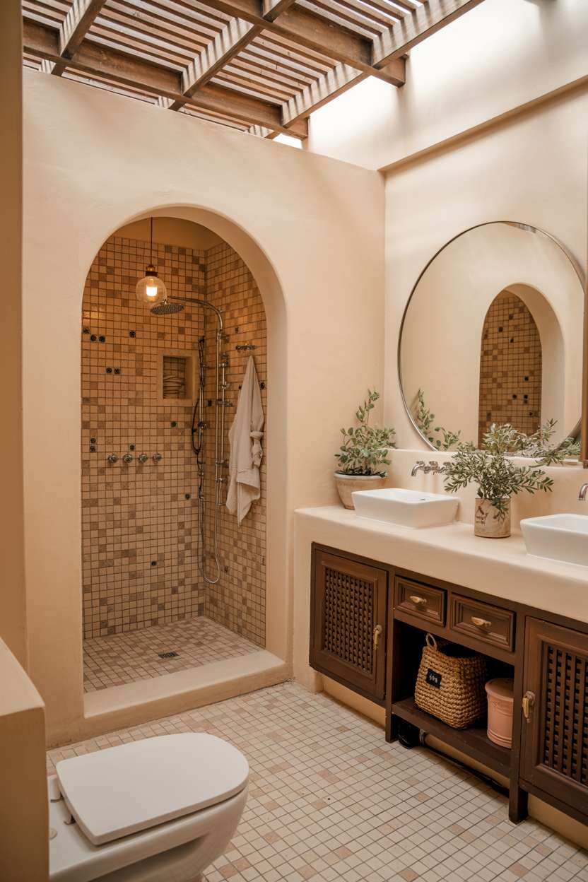 Mediterranean bathroom with pergola-style wooden ceiling, double vessel sinks, and beige mosaic tiles