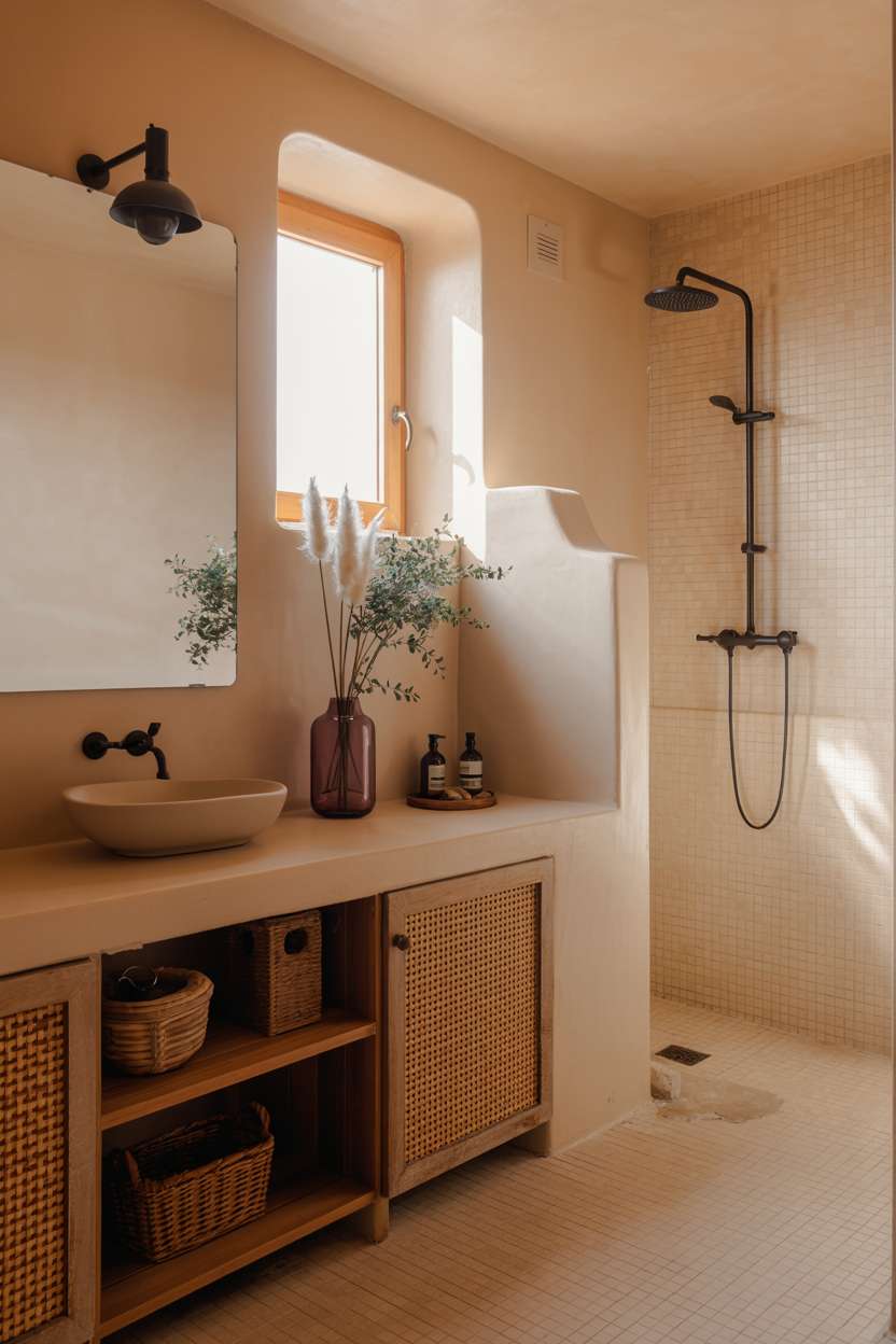 Minimalist bathroom with rattan cane cabinet doors, vessel sink, and glass-partitioned shower with beige tiles