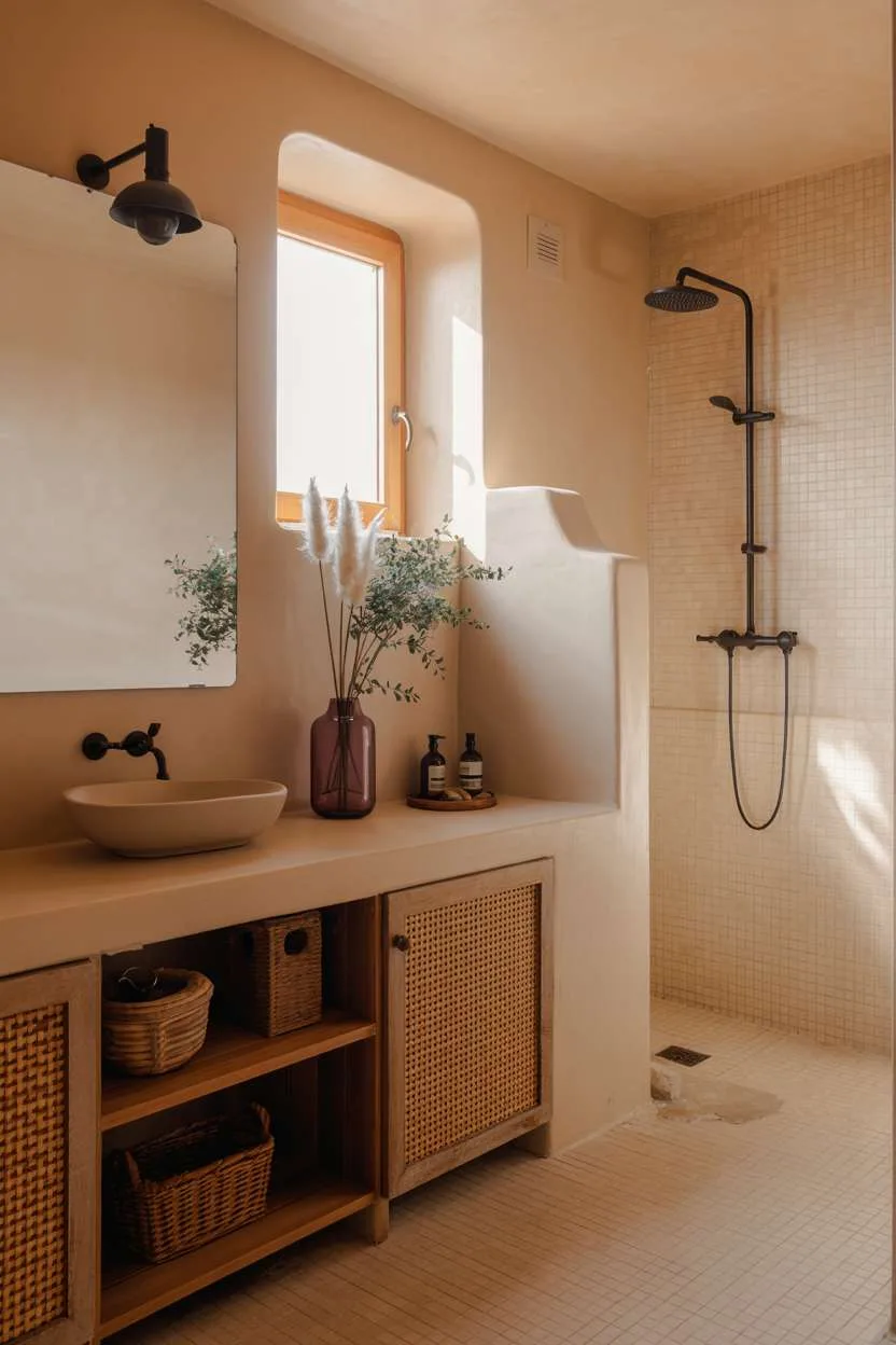 37 Gorgeous Mediterranean Bathroom Design Ideas to Try 32 Minimalist bathroom with rattan cane cabinet doors, vessel sink, and glass-partitioned shower with beige tiles