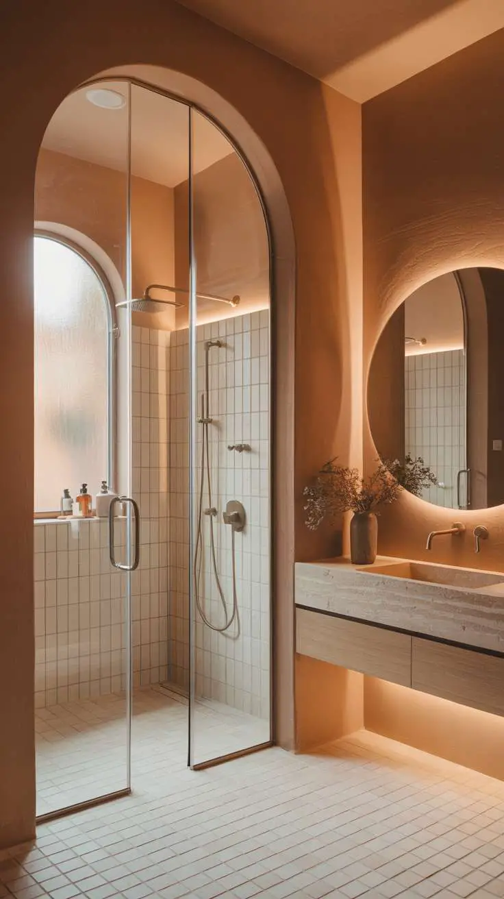 Modern bathroom with curved archway entrance, white subway tiles, and terracotta painted walls