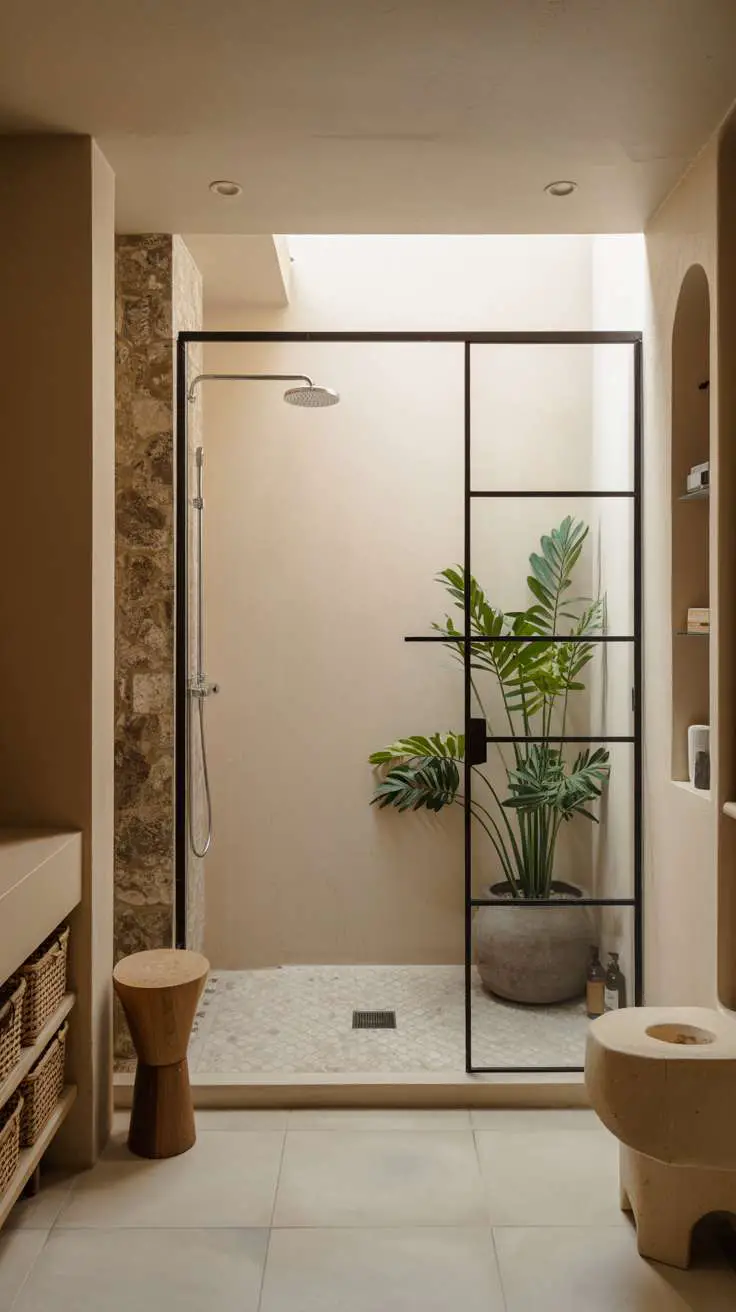 Minimalist bathroom with black metal grid shower enclosure, marble-look tile floor, and large potted palm
