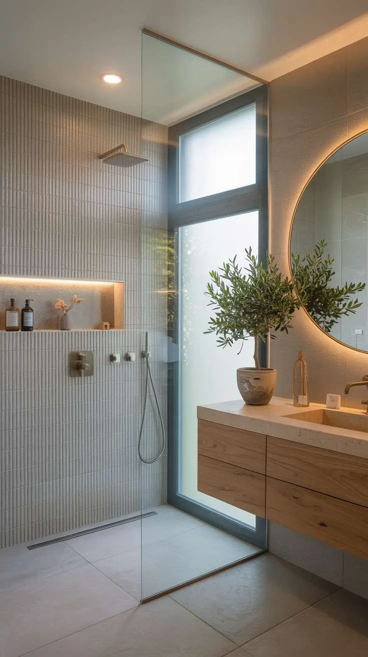 37 Gorgeous Mediterranean Bathroom Design Ideas to Try 35 Modern Mediterranean bathroom with glass shower panels, natural wood vanity, and thin gold mirror frame